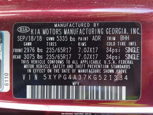 2019 Kia Sorento 2.4l Lx მანქანა იყიდება აუქციონზე, vin: 5XYPG4A37KG521384, აუქციონის ნომერი: 45035448