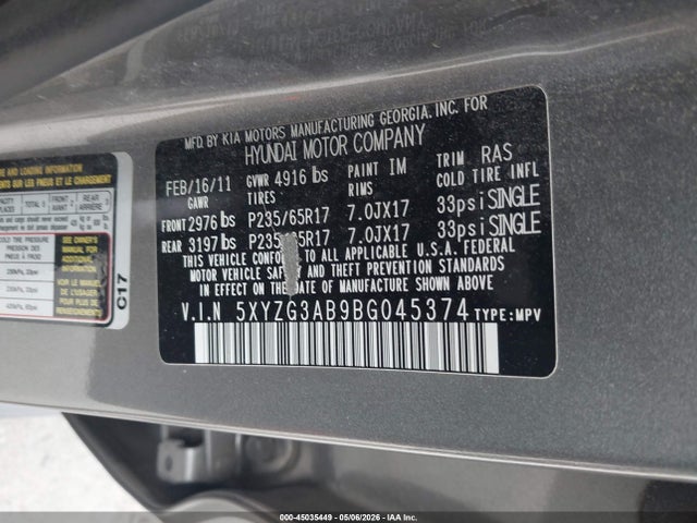 Aukcja sprzedaży 2011 Hyundai Santa Fe Gls, vin: 5XYZG3AB9BG045374, numer aukcji: 45035449