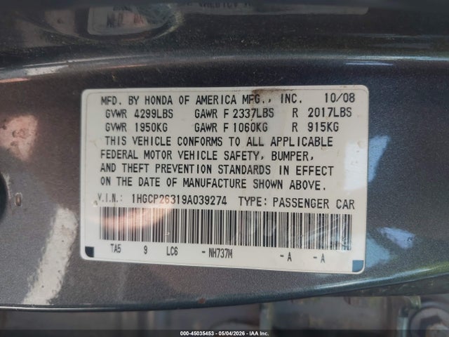 45035453 :رقم المزاد ، 1HGCP26319A039274 vin ، 2009 Honda Accord 2.4 Lx مزاد بيع