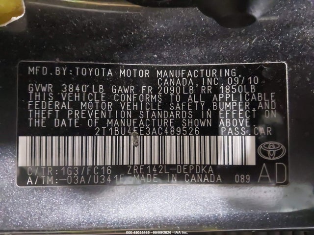 2010 Toyota Corolla Le მანქანა იყიდება აუქციონზე, vin: 2T1BU4EE3AC489526, აუქციონის ნომერი: 45035465