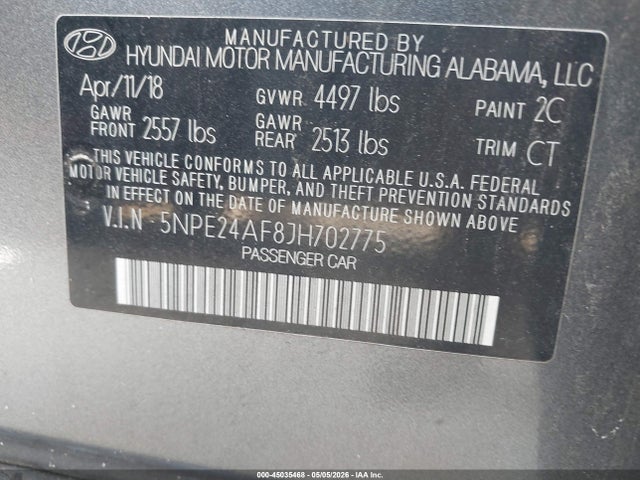 45035468 :رقم المزاد ، 5NPE24AF8JH702775 vin ، 2018 Hyundai Sonata Se مزاد بيع
