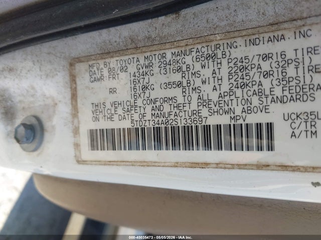 45035473 :رقم المزاد ، 5TDZT34A02S133697 vin ، 2002 Toyota Sequoia Sr5 V8 مزاد بيع