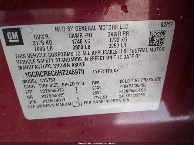 45035481 :رقم المزاد ، 1GCRCREC6HZ246970 vin ، 2017 Chevrolet Silverado 1500 1lt مزاد بيع