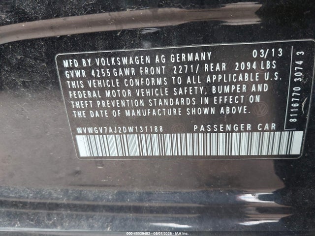 Продаж на аукціоні авто 2013 Volkswagen Gti Wolfsburg Edition, vin: WVWGV7AJ2DW131188, номер лоту: 45035482