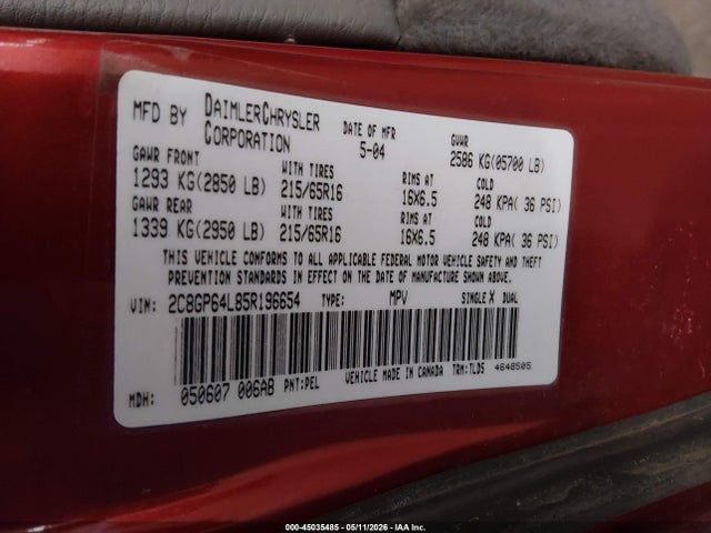 Продаж на аукціоні авто 2005 Chrysler Town & Country Limited, vin: 2C8GP64L85R196654, номер лоту: 45035485
