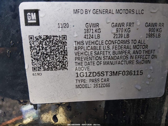 Продаж на аукціоні авто 2021 Chevrolet Malibu Fwd Lt, vin: 1G1ZD5ST3MF036115, номер лоту: 45035486