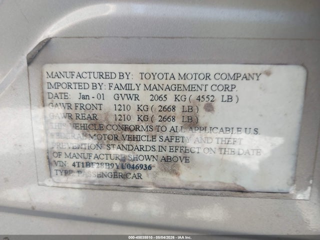 45035510 :رقم المزاد ، 4T1BF28B9YU046936 vin ، 2000 Toyota Avalon Xl/xls مزاد بيع