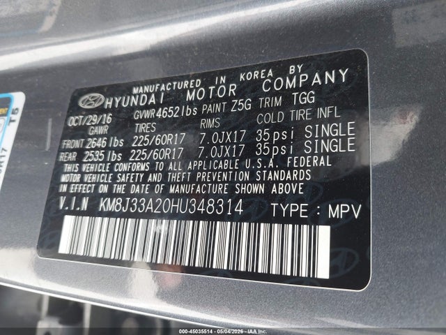 2017 Hyundai Tucson Eco მანქანა იყიდება აუქციონზე, vin: KM8J33A20HU348314, აუქციონის ნომერი: 45035514