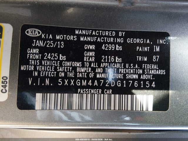 Продаж на аукціоні авто 2013 Kia Optima Lx, vin: 5XXGM4A72DG176154, номер лоту: 45035518