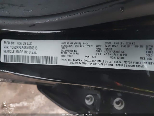 45035523 :رقم المزاد ، 1C6SRFLP4SN606313 vin ، 2025 Ram 1500 Rebel  4x4 5'7 Box مزاد بيع