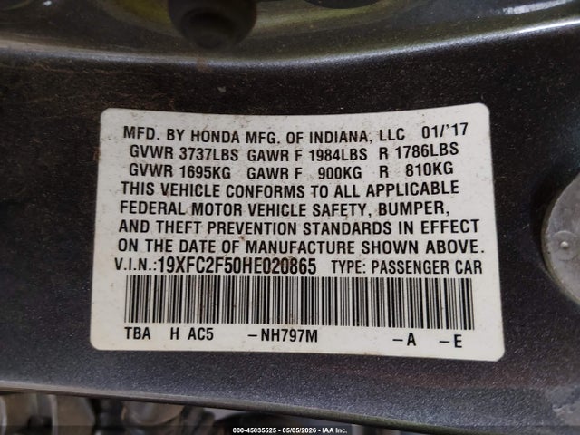 45035525 :رقم المزاد ، 19XFC2F50HE020865 vin ، 2017 Honda Civic Lx مزاد بيع