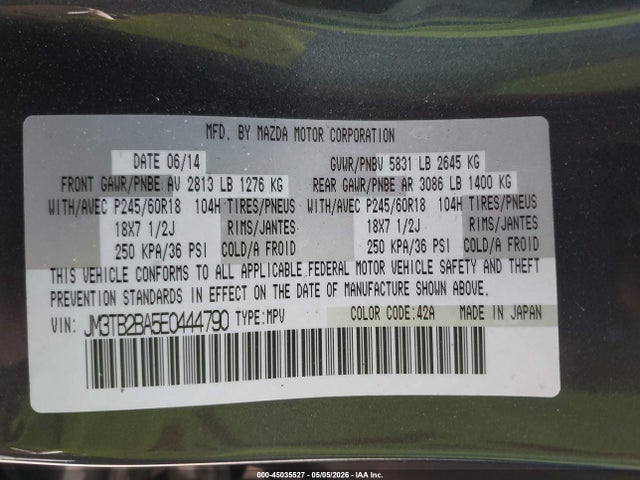 45035527 :رقم المزاد ، JM3TB2BA5E0444790 vin ، 2014 Mazda Cx-9 Sport مزاد بيع