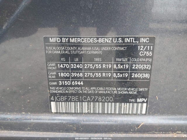 Aukcja sprzedaży 2012 Mercedes-benz Gl 450 4matic, vin: 4JGBF7BE1CA778200, numer aukcji: 45035531