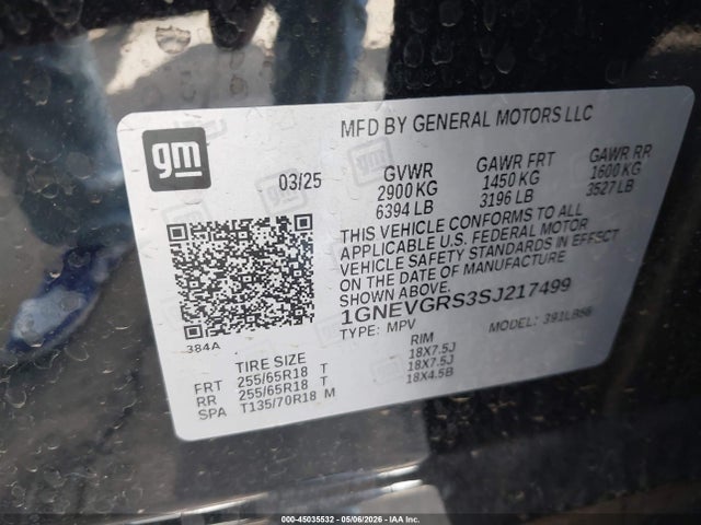 Aukcja sprzedaży 2025 Chevrolet Traverse Awd Lt, vin: 1GNEVGRS3SJ217499, numer aukcji: 45035532