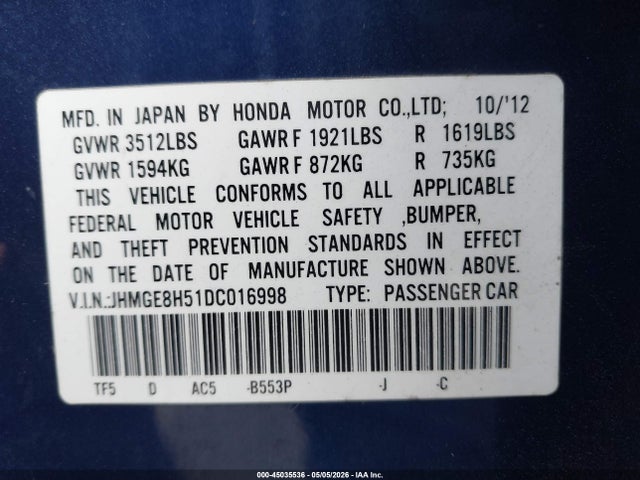 Продаж на аукціоні авто 2013 Honda Fit Sport, vin: JHMGE8H51DC016998, номер лоту: 45035536