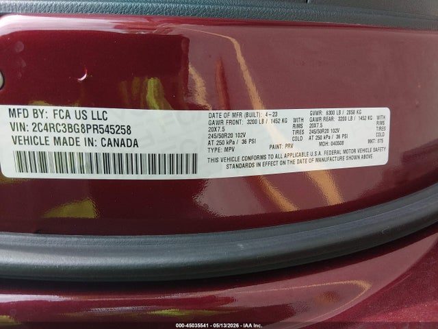Продаж на аукціоні авто 2023 Chrysler Pacifica Touring L Awd, vin: 2C4RC3BG8PR545258, номер лоту: 45035541