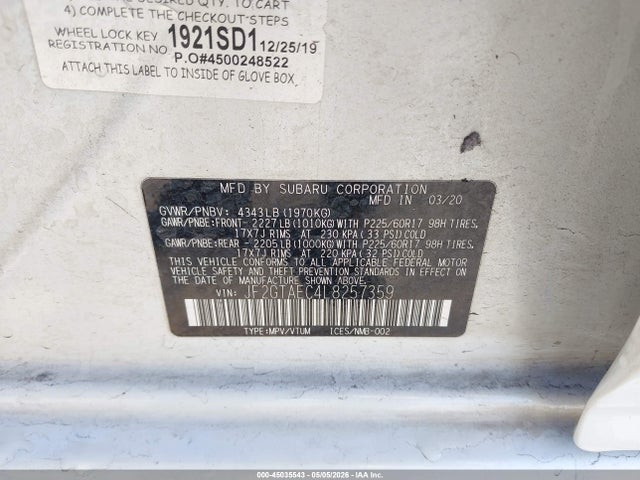 45035543 :رقم المزاد ، JF2GTAEC4L8257359 vin ، 2020 Subaru Crosstrek Premium مزاد بيع