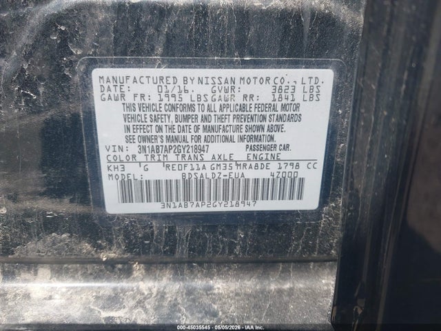 Aukcja sprzedaży 2016 Nissan Sentra Sv, vin: 3N1AB7AP2GY218947, numer aukcji: 45035545
