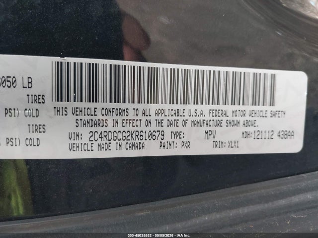 Продаж на аукціоні авто 2019 Dodge Grand Caravan Sxt, vin: 2C4RDGCG2KR610679, номер лоту: 45035552