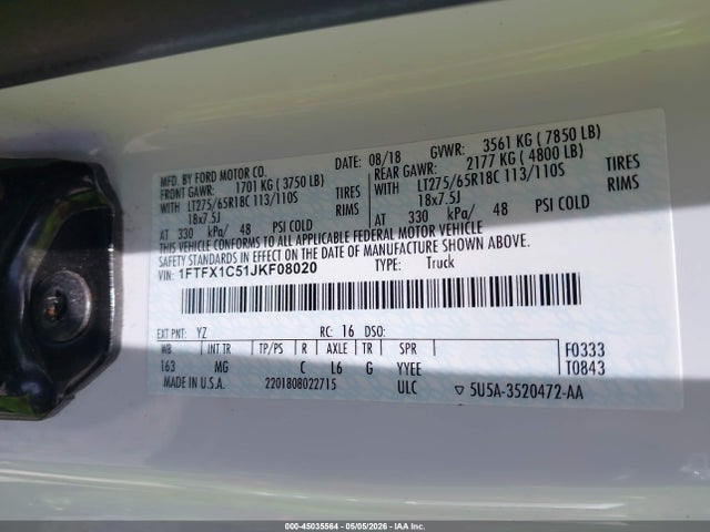 Aukcja sprzedaży 2018 Ford F-150 Xlt, vin: 1FTFX1C51JKF08020, numer aukcji: 45035564