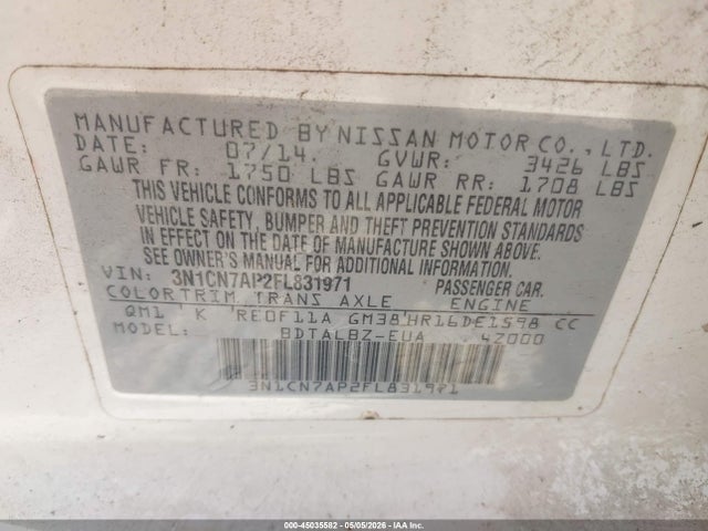 45035582 :رقم المزاد ، 3N1CN7AP2FL831971 vin ، 2015 Nissan Versa 1.6 Sv مزاد بيع