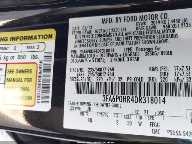 2013 Ford Fusion Se მანქანა იყიდება აუქციონზე, vin: 3FA6P0HR4DR318014, აუქციონის ნომერი: 45035585