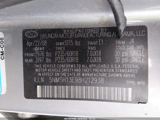 Aukcja sprzedaży 2008 Hyundai Santa Fe Limited/se, vin: 5NMSH13E98H212938, numer aukcji: 45035598
