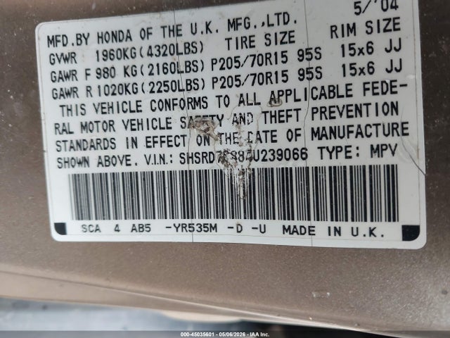 Aukcja sprzedaży 2004 Honda Cr-v Ex, vin: SHSRD78884U239066, numer aukcji: 45035601