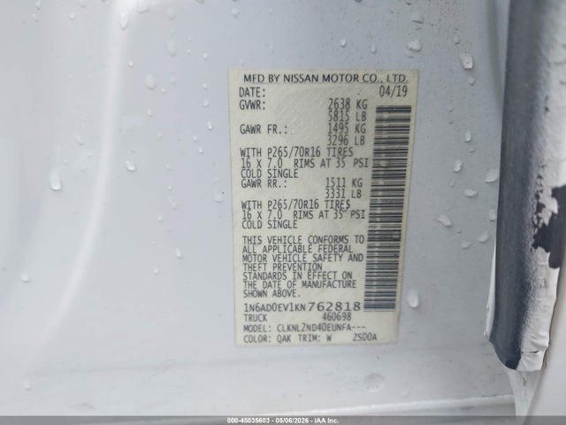 45035603 :رقم المزاد ، 1N6AD0EV1KN762818 vin ، 2019 Nissan Frontier Sv مزاد بيع