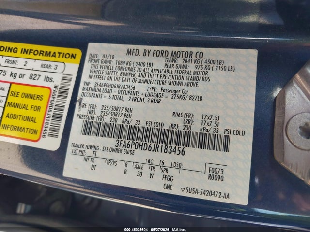 Aukcja sprzedaży 2018 Ford Fusion Se, vin: 3FA6P0HD6JR183456, numer aukcji: 45035604