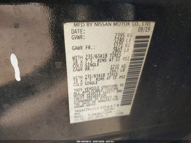 45035612 :رقم المزاد ، 5N1AZ2BS2LN104478 vin ، 2020 Nissan Murano Sv Intelligent Awd مزاد بيع