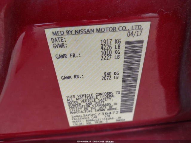 45035613 :رقم المزاد ، 1N4AL3AP1HC236472 vin ، 2017 Nissan Altima 2.5 S مزاد بيع