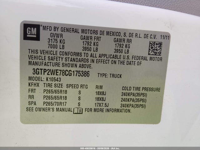 Aukcja sprzedaży 2012 Gmc Sierra 1500 Slt, vin: 3GTP2WE78CG175386, numer aukcji: 45035616