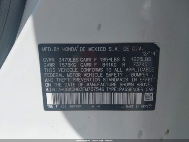 Aukcja sprzedaży 2015 Honda Fit Ex/ex-l, vin: 3HGGK5H83FM757546, numer aukcji: 45035623