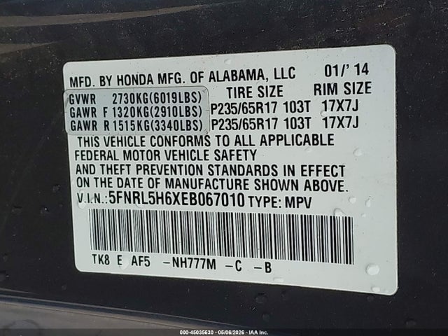 45035630 :رقم المزاد ، 5FNRL5H6XEB067010 vin ، 2014 Honda Odyssey Ex-l مزاد بيع