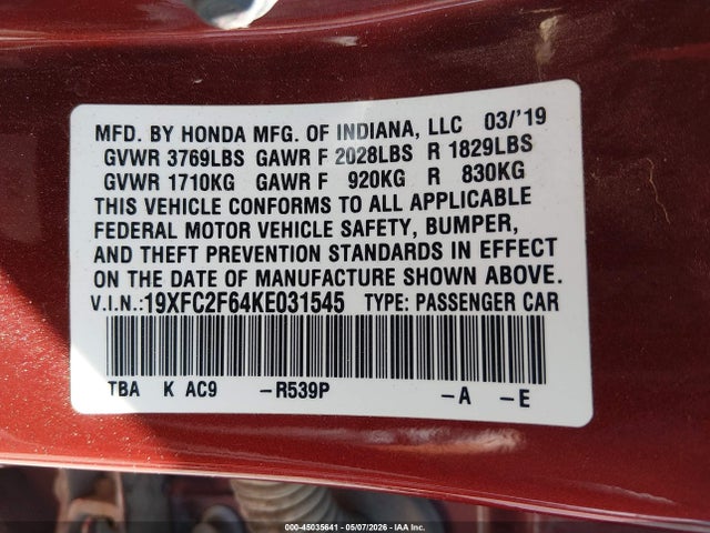 Honda Civic Lx 2019 19XFC2F64KE031545 Image 9