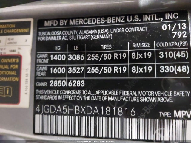 Продажа на аукционе авто 2013 Mercedes-benz Ml 350 4matic, vin: 4JGDA5HBXDA181816, номер лота: 45035647
