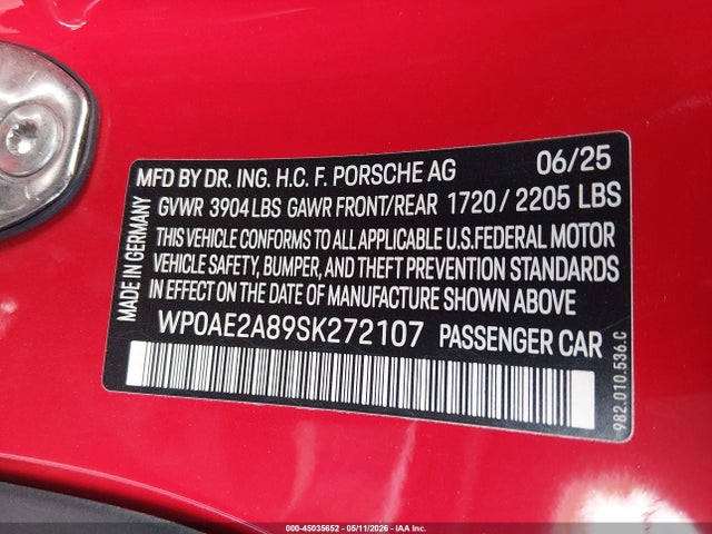 Продажа на аукционе авто 2025 Porsche 718 Cayman Gt4 Rs, vin: WP0AE2A89SK272107, номер лота: 45035652