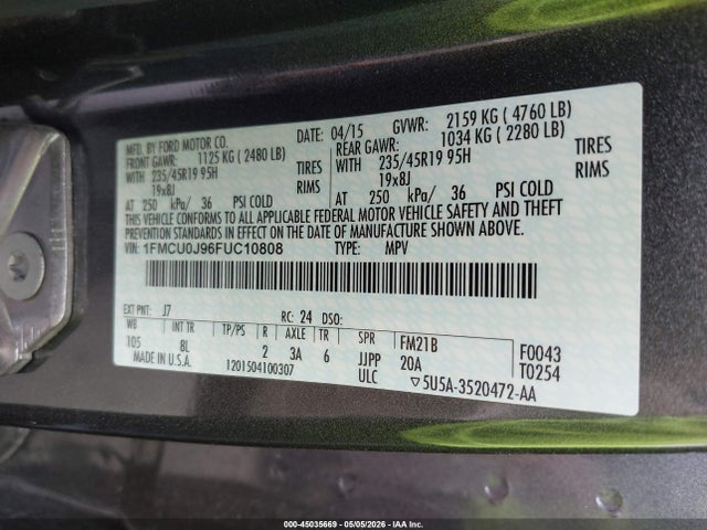 Ford Escape Titanium 2015 1FMCU0J96FUC10808 Image 9