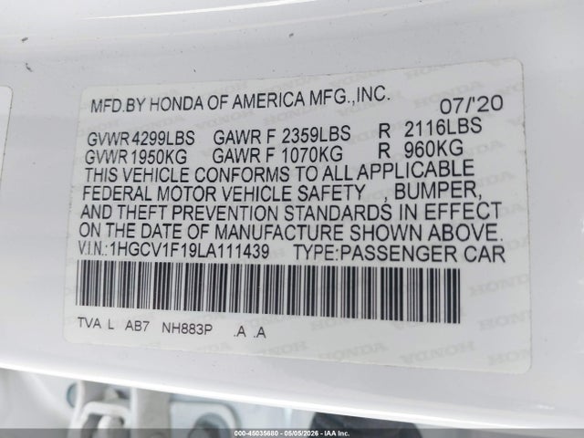 Aukcja sprzedaży 2020 Honda Accord Lx, vin: 1HGCV1F19LA111439, numer aukcji: 45035680