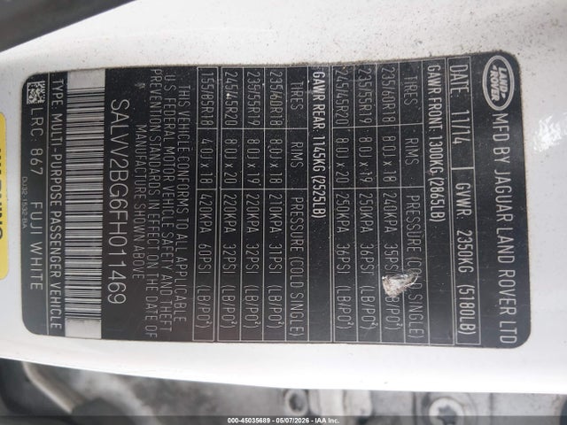 Продаж на аукціоні авто 2015 Land Rover Range Rover Evoque Prestige, vin: SALVV2BG6FH011469, номер лоту: 45035689
