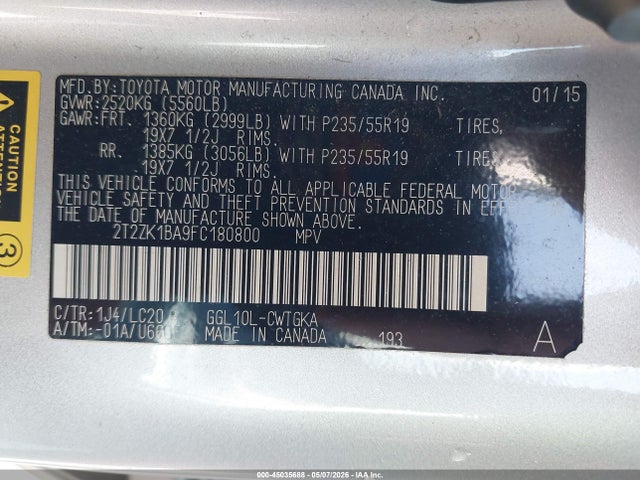 45035688 :رقم المزاد ، 2T2ZK1BA9FC180800 vin ، 2015 Lexus Rx 350 مزاد بيع
