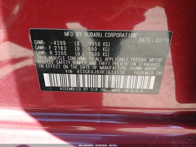 Aukcja sprzedaży 2019 Subaru Impreza 2.0i Sport, vin: 4S3GKAJ6XK3613536, numer aukcji: 45035692