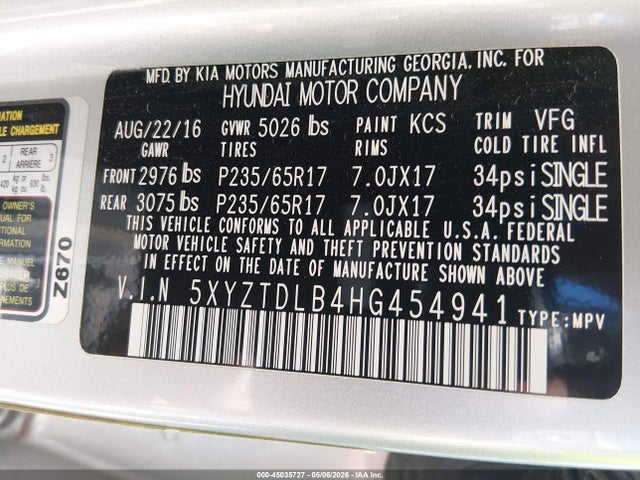 2017 Hyundai Santa Fe Sport 2.4l მანქანა იყიდება აუქციონზე, vin: 5XYZTDLB4HG454941, აუქციონის ნომერი: 45035727