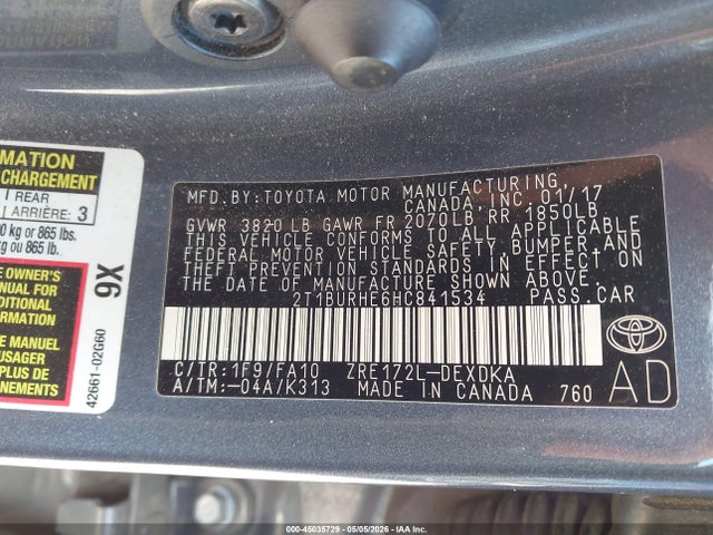 Toyota COROLLA L 2017 2T1BURHE6HC841534 Image 9