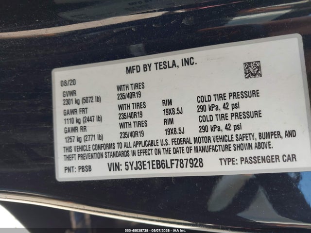 Tesla Model 3 Long Range Dual Motor All-wheel Drive 2020 5YJ3E1EB6LF787928 Image 9