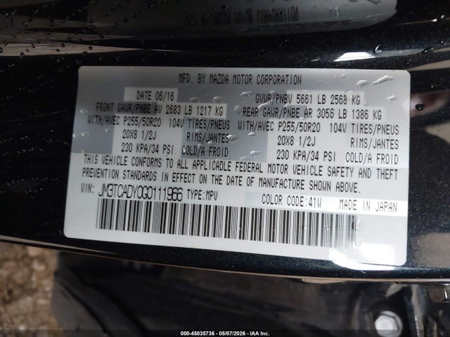 Aukcja sprzedaży 2016 Mazda Cx-9 Grand Touring, vin: JM3TCADY0G0111966, numer aukcji: 45035736