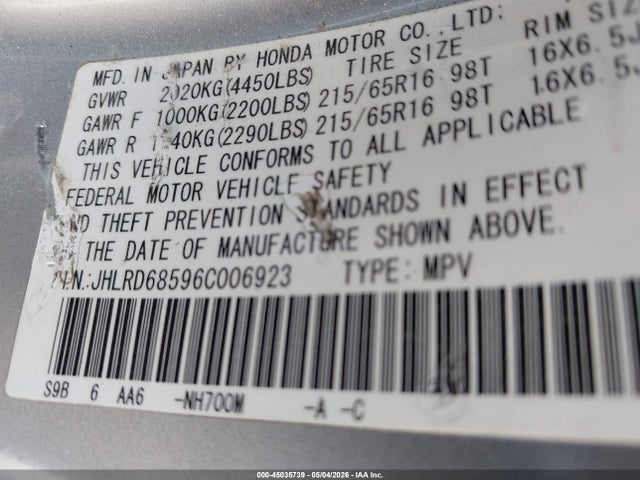 2006 Honda Cr-v Lx მანქანა იყიდება აუქციონზე, vin: JHLRD68596C006923, აუქციონის ნომერი: 45035739