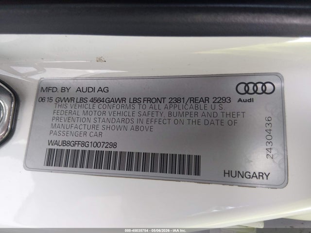 2016 Audi A3 2.0t Premium მანქანა იყიდება აუქციონზე, vin: WAUB8GFF8G1007298, აუქციონის ნომერი: 45035754