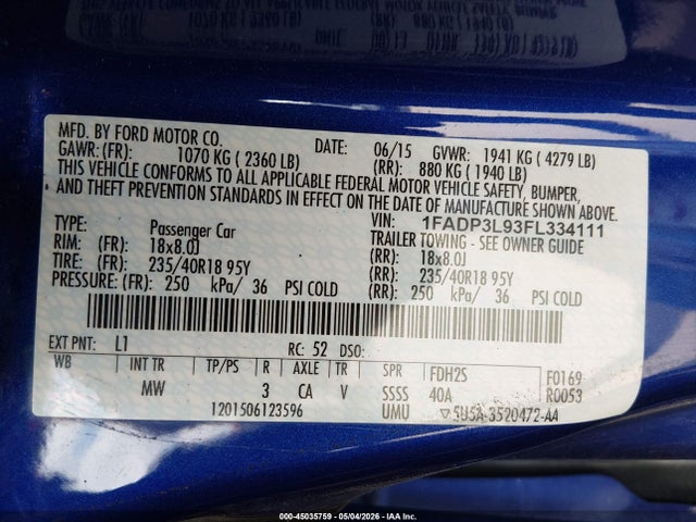 45035759 :رقم المزاد ، 1FADP3L93FL334111 vin ، 2015 Ford Focus St مزاد بيع